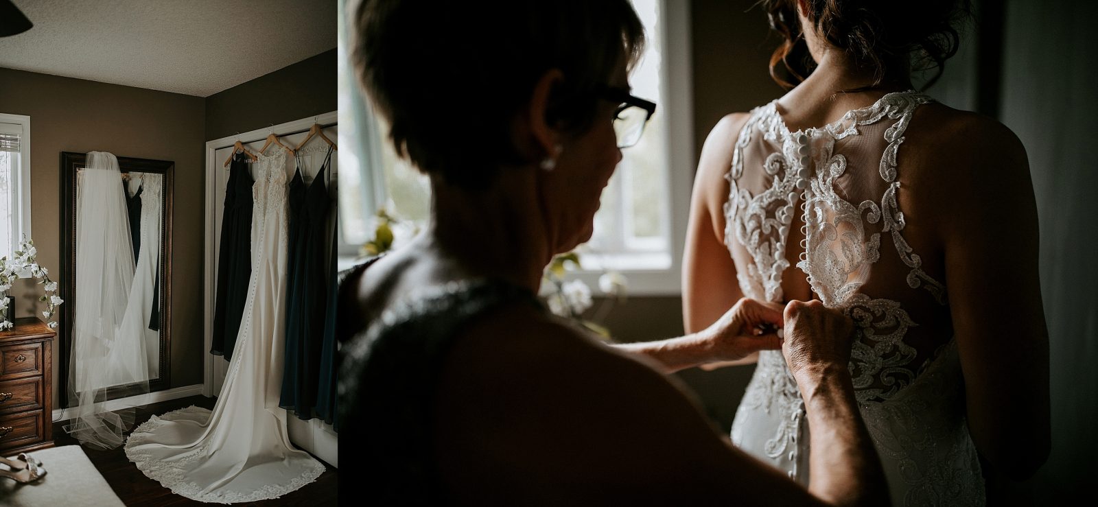bride getting ready with her mom on her wedding day