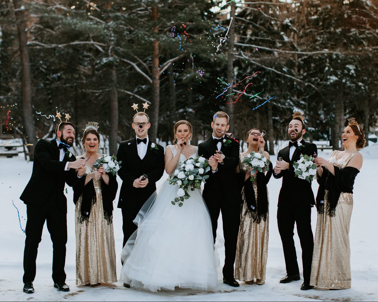 Fun bridal party images on New Years Even Winter Wedding